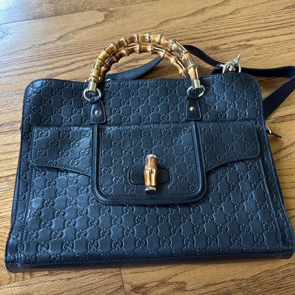 Black Bamboo-Handle Tote with Embossed Logo